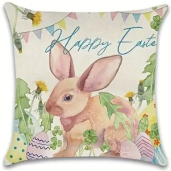 NEW LINEN BLEND HAPPY EASTER/NURSERY BUNNY RABBITS  DECOR PILLOW COVER 17.7" - Picture 1 of 3